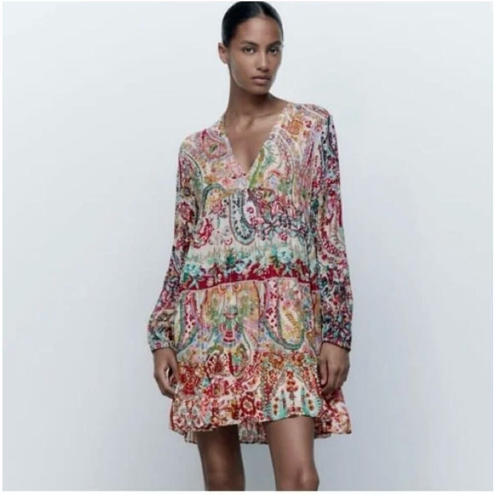 Zara Boho Metallic Thread Printed Festival Dress sz XS TikTok EUC